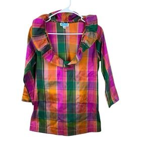 Devon Baer 100% silk tunic top with a ruffle collar Size Extra Small Plaid
